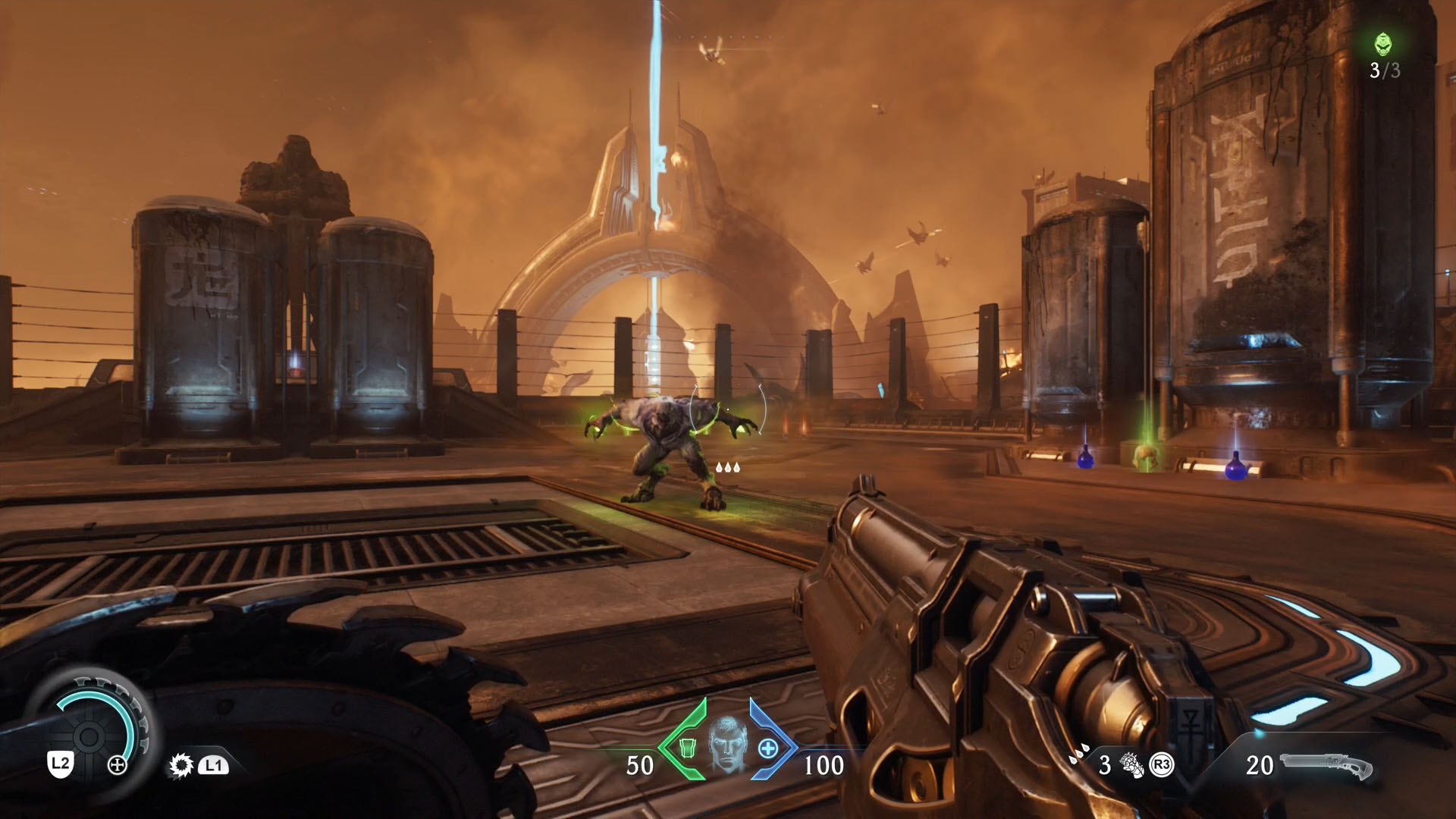 Doom The Dark Ages Screenshot zeigt den Doom Slayer faing einen Dämon, der grüne Energie um ihre Hände hat.
