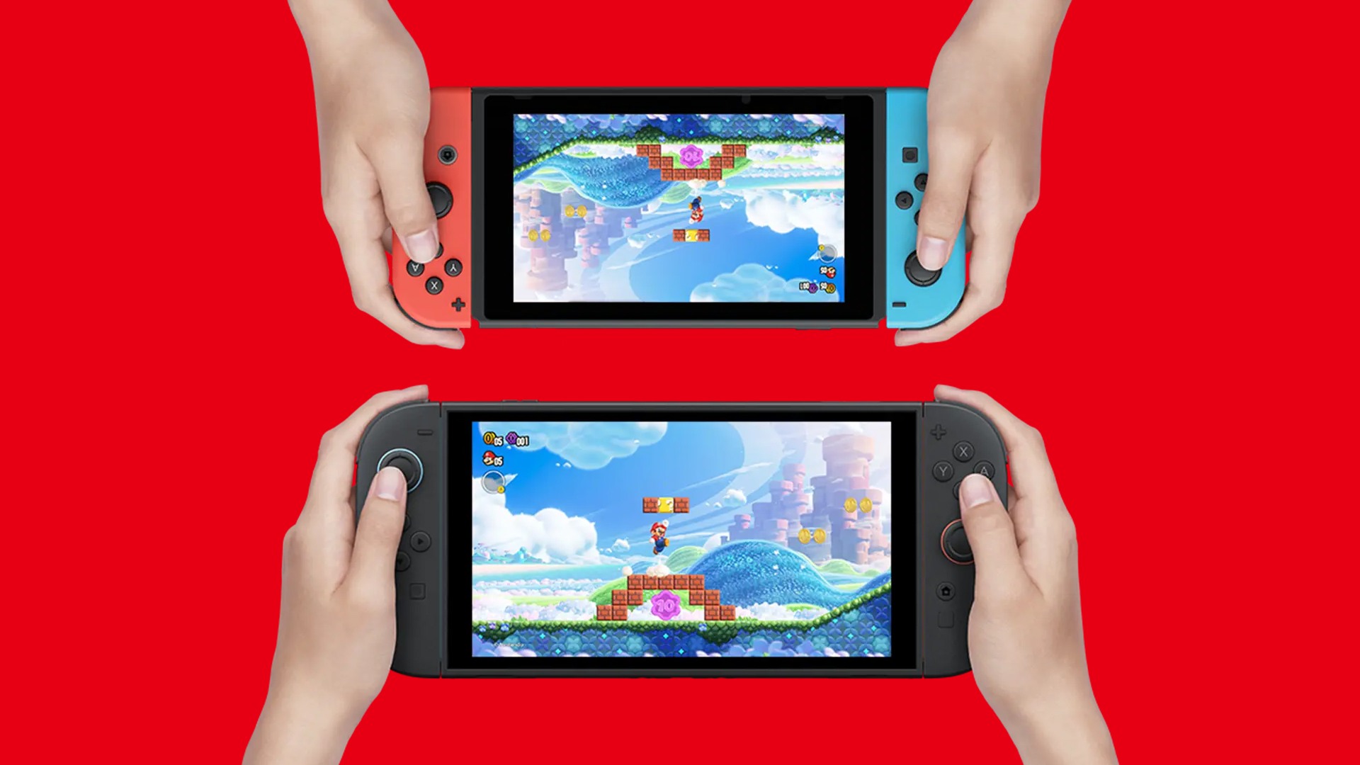 Zwei Leute Hände halten jeweils einen Nintendo -Schalter. Einer hält einen Schalter und der andere einen Schalter 2.