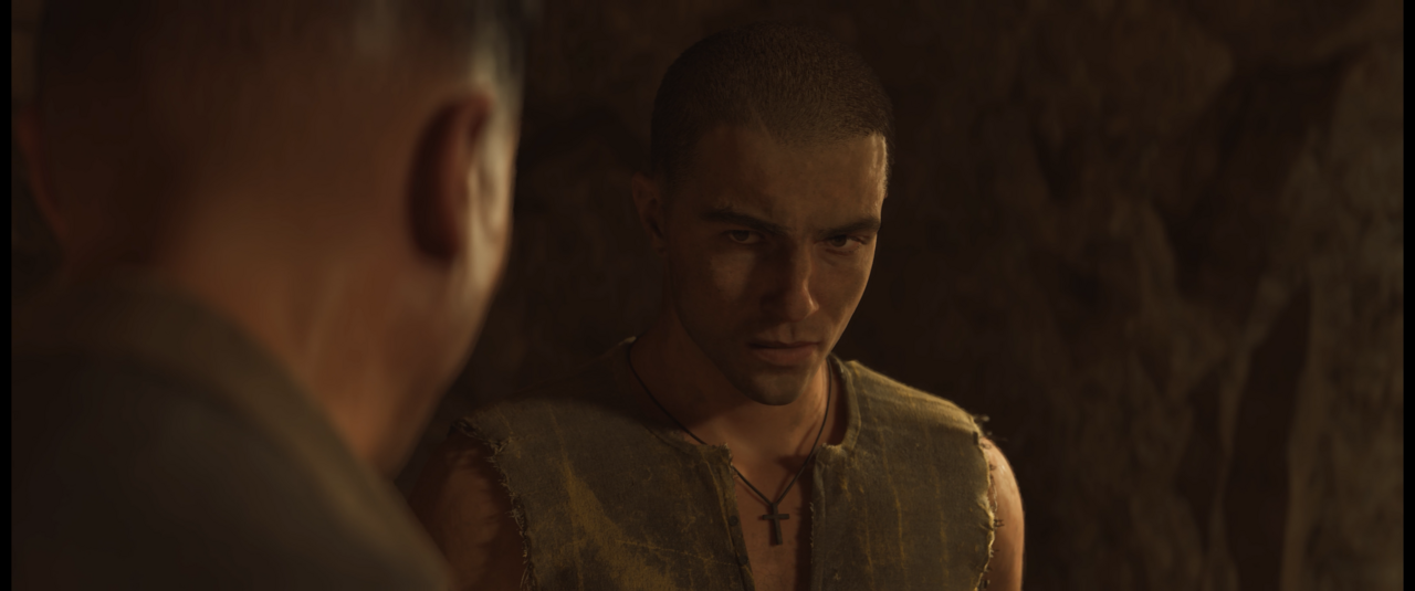 Protagonist Enzo starrt einen Gegner hinunter