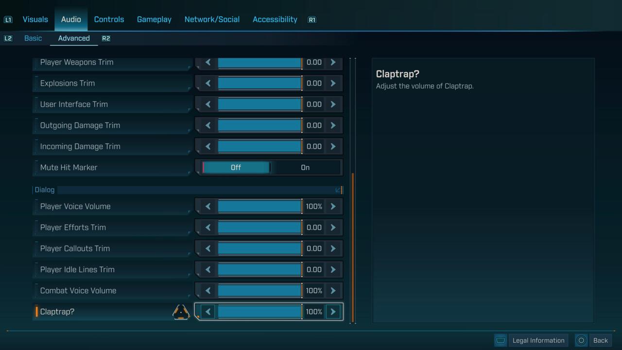 Sie können das Volumen von Claptrap einstellen, um ihn erträglicher zu machen, oder Sie können es auf Null reduzieren, um ihn vollständig zu halten.