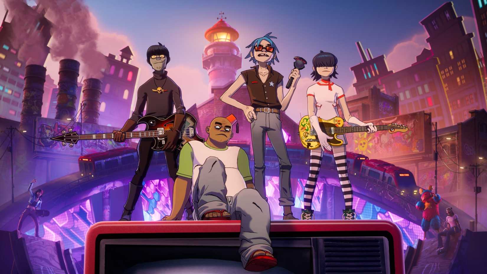 Die Charaktere der virtuellen Band Gorillaz in der Schlüsselkunst für Fortnite.