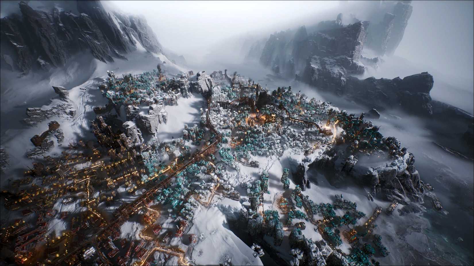 Eine Stadt, die in Frostpunk 2 im Schnee zwischen einigen Bergen gebaut wird.