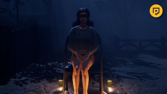 besten Indie-Horror-Spiele – ein Screenshot eines Mädchens mit verbundenen Augen, das auf einem Stuhl aus The Bridge Curse: Road to Salvation sitzt