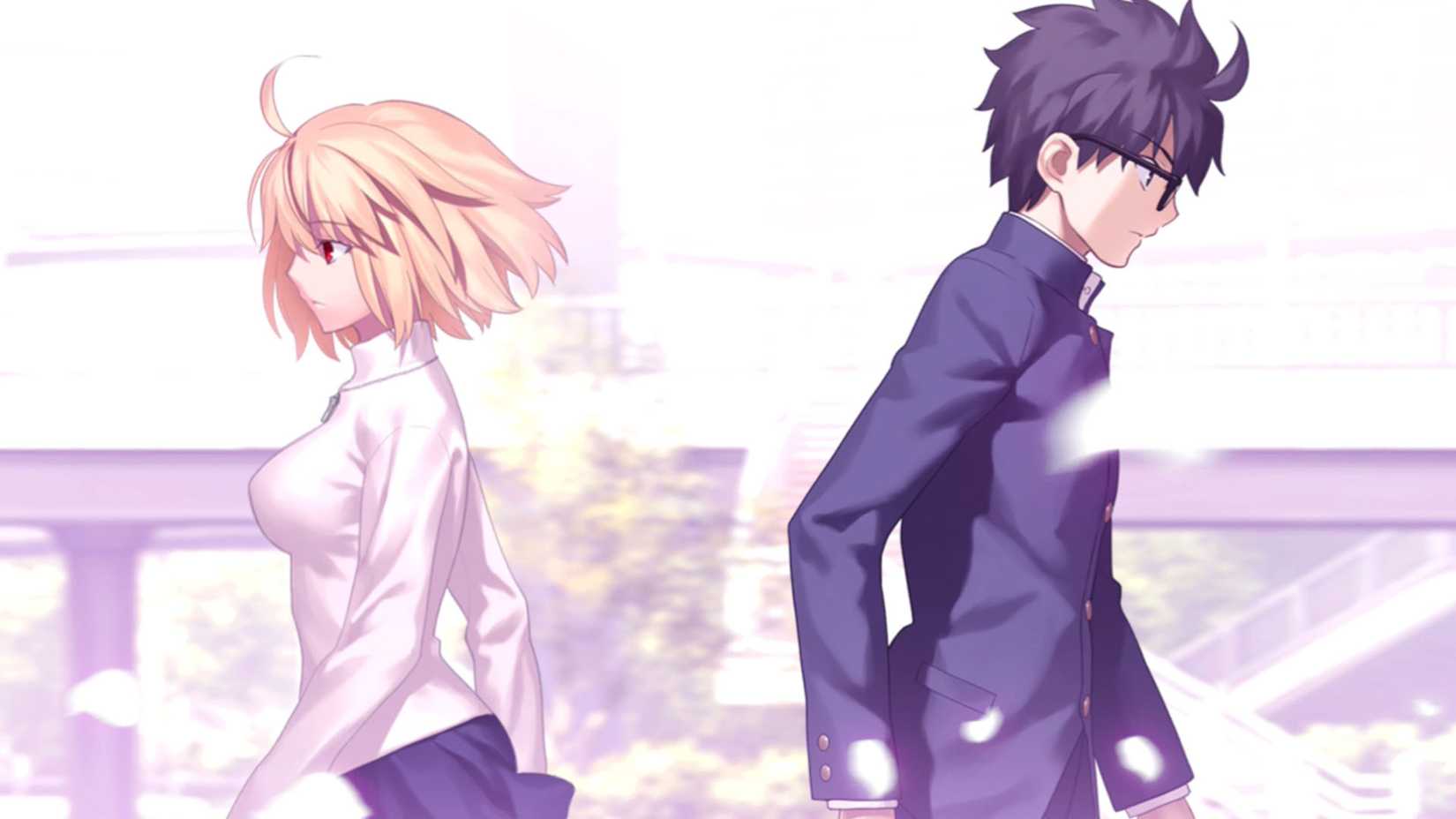 Ein Tsukihime-Screenshot, ein Stück blauer Glasmond, der Shiki und Arcueid zeigt