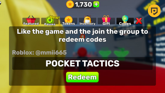 Letzte Buchstabencodes: Ein Screenshot der Codebox mit POCKET TACTICS darin und einem PT-Logo in der oberen rechten Ecke