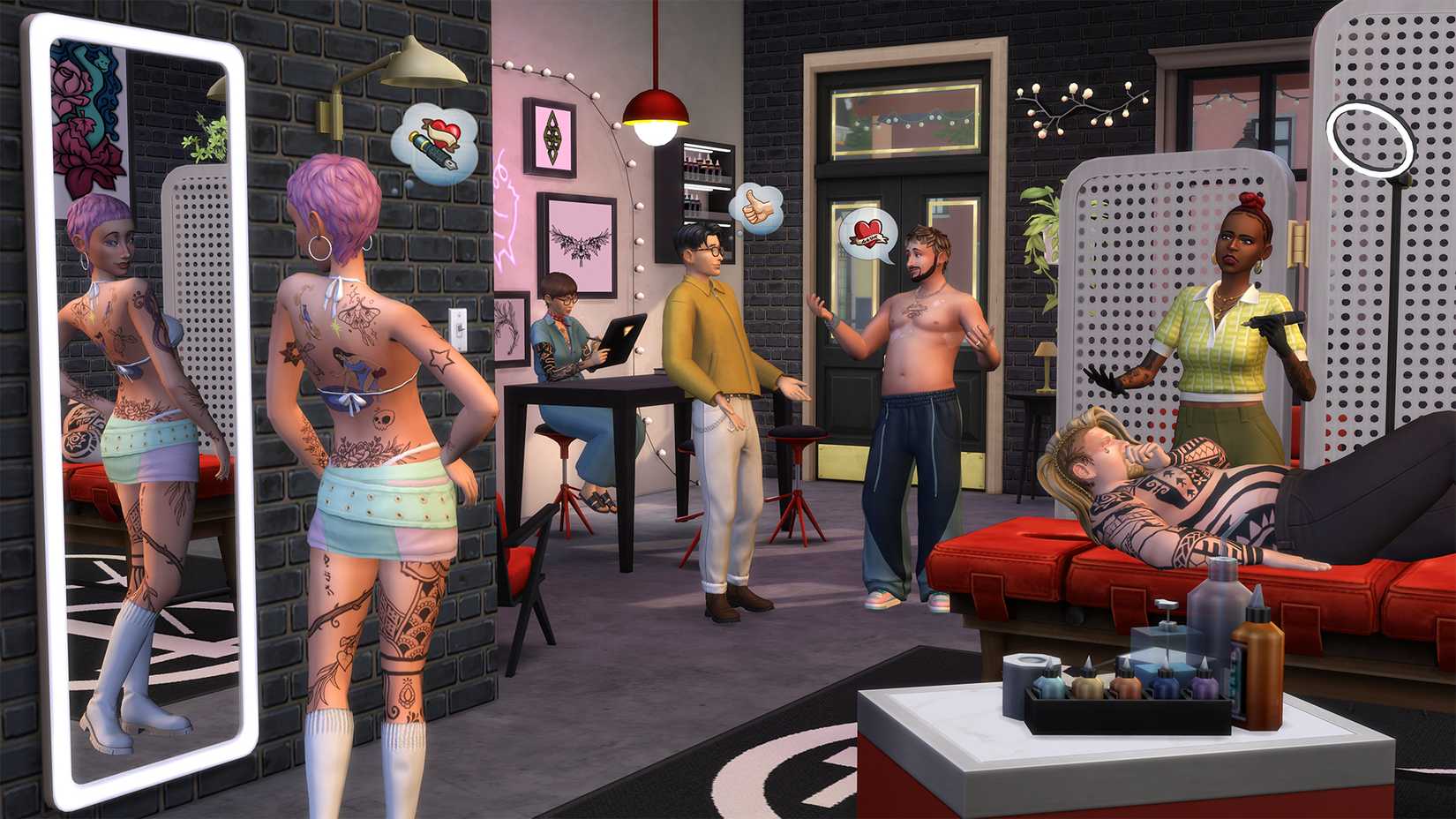 Das Bild „Die Sims 4 Geschäfte und Hobbys“ zeigt ein aktives Tattoo-Studio