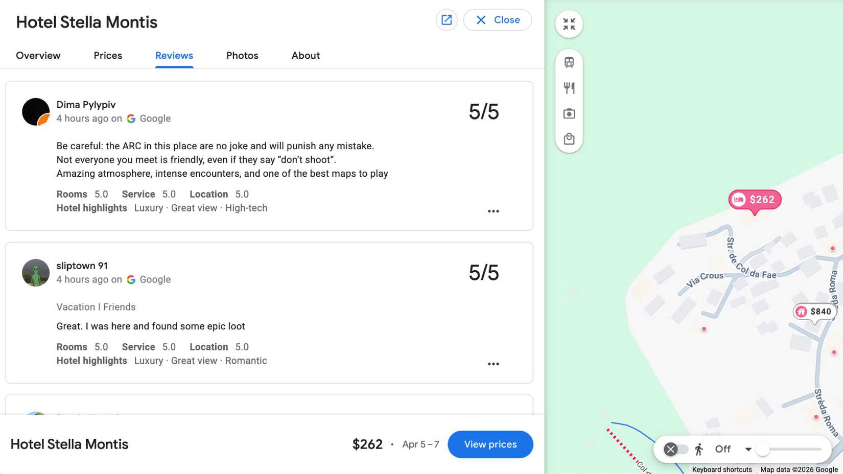 Ein Screenshot der Google-Bewertungsseite des Hotel Stella Montis mit vielen 5/5-Sterne-Bewertungen von Arc Raiders-Spielern.