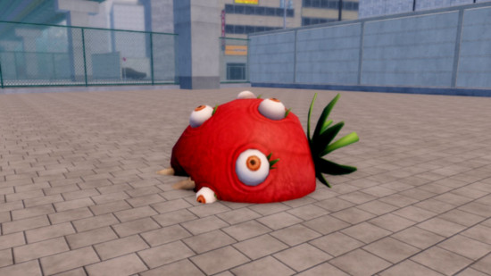 Teufelsjäger-Teufel – ein toter, erdbeerförmiger Teufel auf einem Bürgersteig