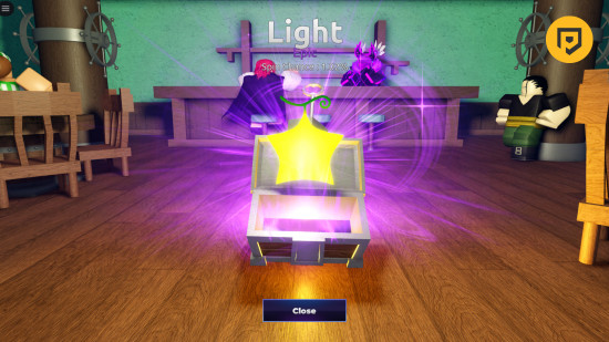 Rangliste von Fruit Battlegrounds: Ein Screenshot vom Rollen einer leichten Frucht in Fruit Battlegrounds mit einem PT-Logo in der oberen rechten Ecke