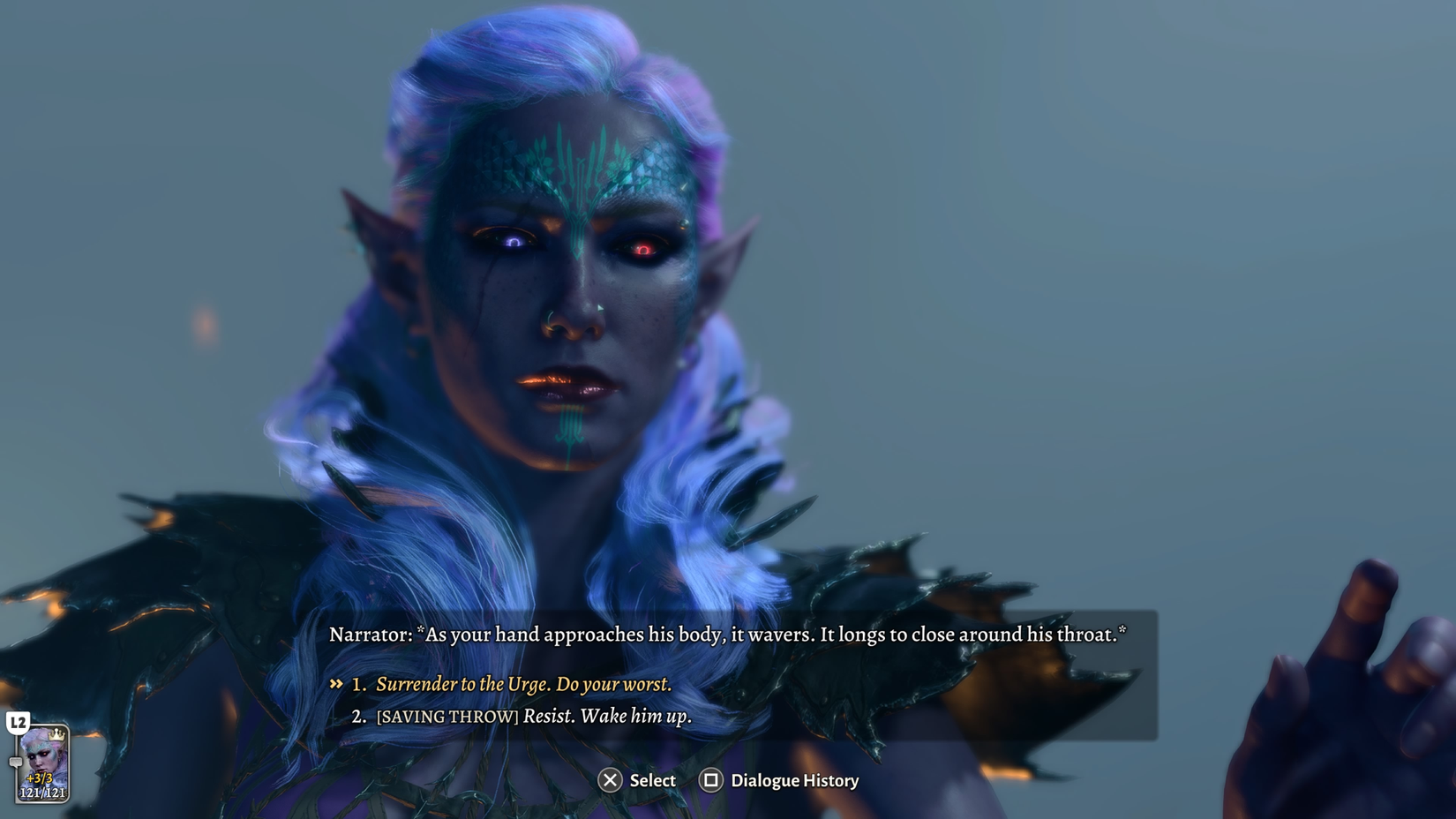 Der dunkle Drang versucht, der Stimme zu widerstehen, die sie drängt, ihren Geliebten Astarion zu töten, und sieht sich mit zwei Möglichkeiten konfrontiert: nachgeben oder einen erfolgreichen Rettungswurf ausführen, um Widerstand zu leisten.